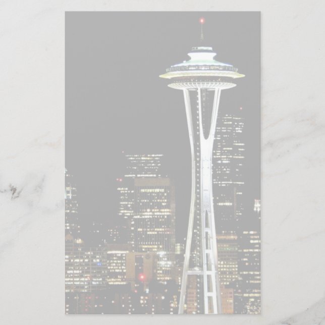 Papelaria Skyline de Seattle na noite, com agulha do espaço (Frente)