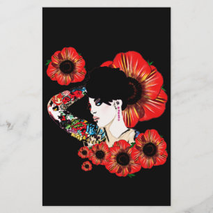 Papelaria Tattoo inked girl entre as flores de papoila Art b