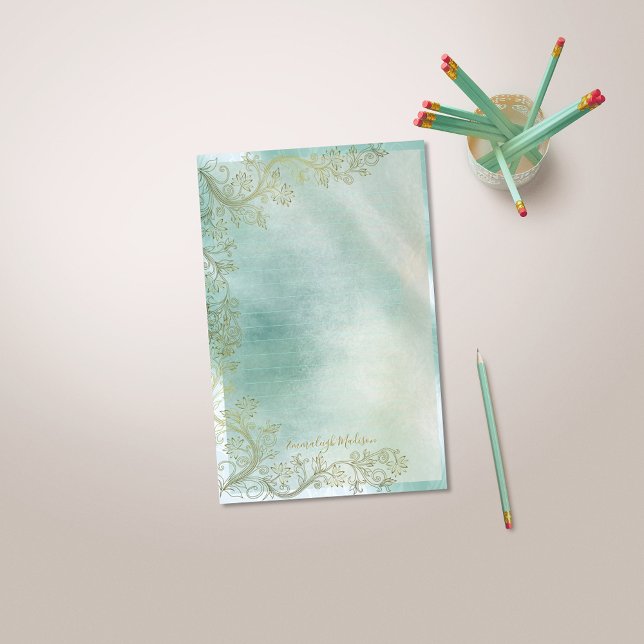 Papelaria Teal Monograma Linhado Ornamental (Criador carregado)