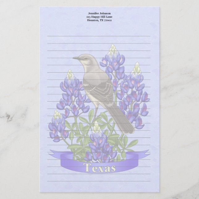Papelaria Texas State Mockingbird & Bluebonnet Flower (Frente)
