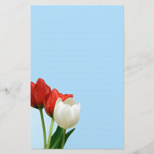 Papelaria Tulipas vermelhas e brancas no papel de carta azul