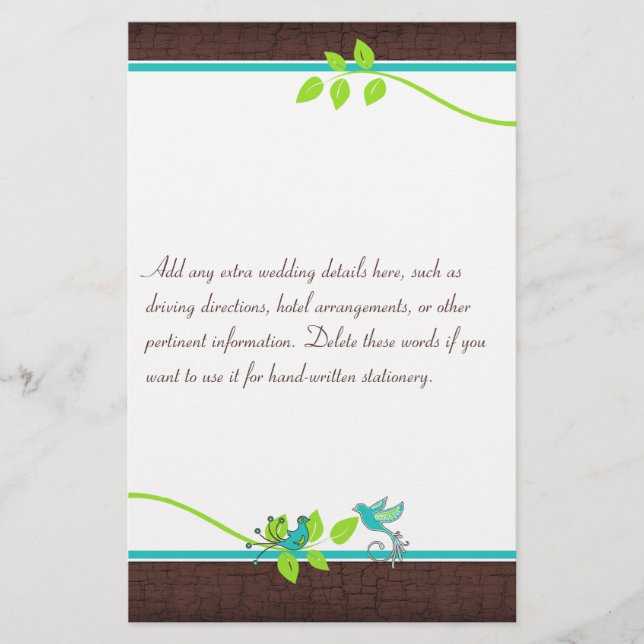Papelaria Turquesa Green Brown Love Birds Stationery (Frente)