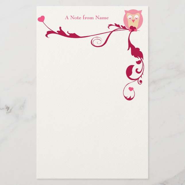 Papelaria Uma coruja com corações, uma nota do nome (Frente)