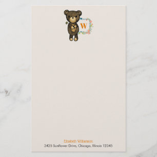 Papelaria Urso bonito, flor amarela & grinalda floral