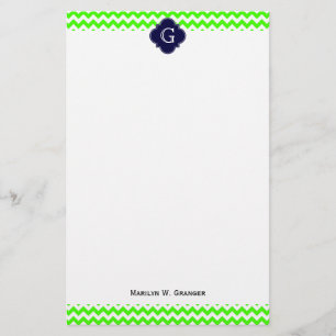 Papelaria Verde limão Chevron Marinho Azul Quatrefoil Monog