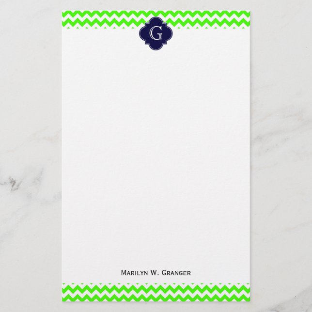 Papelaria Verde limão Chevron Marinho Azul Quatrefoil Monogr (Frente)