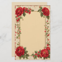 Papelaria Vintage Rosa vermelha com quadro Dourado