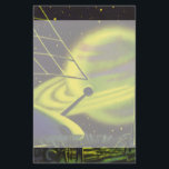 Papelaria Vintage Science Ficting Neon Green Planet w Rings<br><div class="desc">A ilustração da Vintage mostra planetas futuristas de ficção científica e imagem espacial. Uma estação espacial com aliens de astronauta em uma lua com vista a um grande planeta verde neon com anéis. Um 50 de quadrinhos retrô de ficção científica clássico.</div>