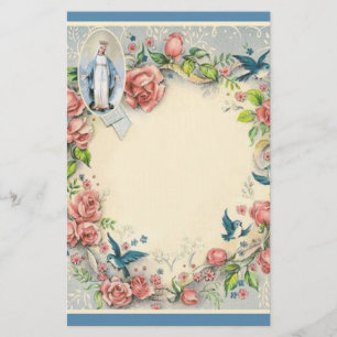 Papelaria Virgem Religiosa Mary Rosas Rosa Pássaros Azuis