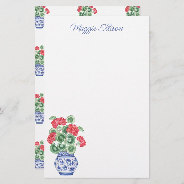 Papelaria Watercolor Chinoiserie Vase dos Alemães Vermelhos (Frente/Verso)