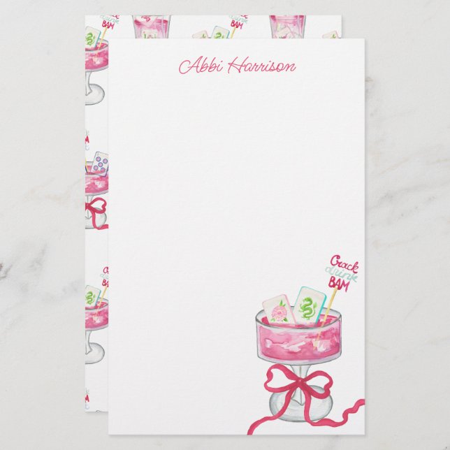Papelaria Watercolor Hot Pink Mahjong Cocktails (Frente/Verso)