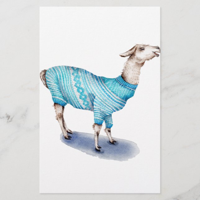 Papelaria Watercolor Llama em Blue Sweater (Frente)
