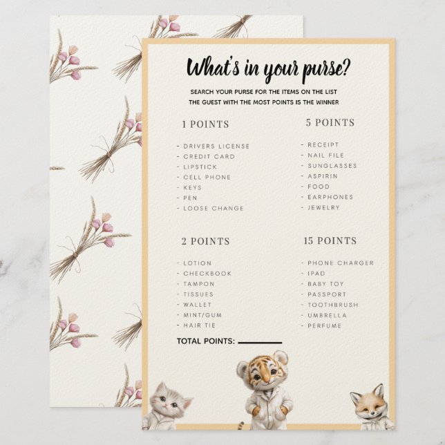 Papelaria Whats in your purse? Whimsical Pajama Animals (Frente/Verso)