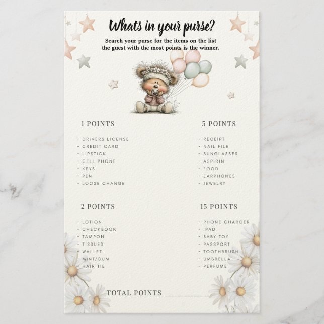 Papelaria Whats in your purse? Whimsical Teddy Bear Game (Frente)