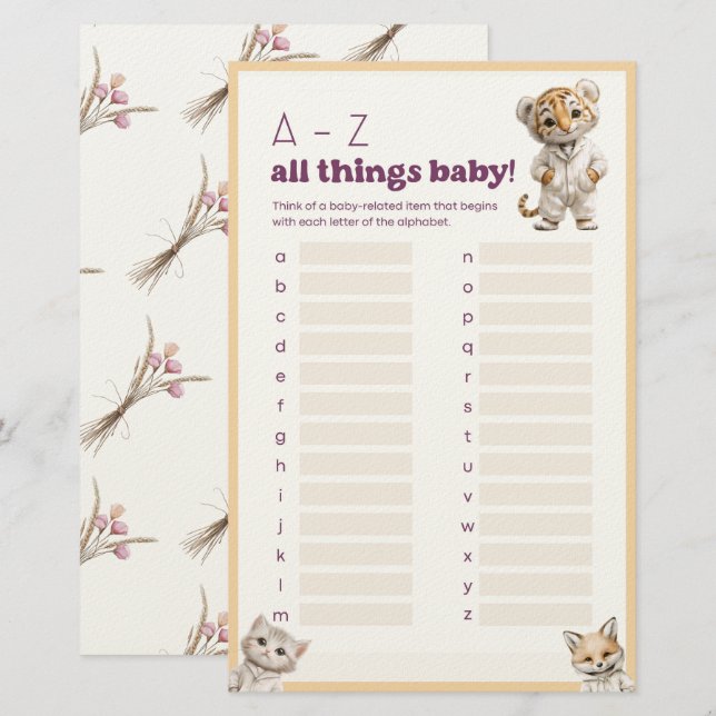 Papelaria Whimsical Pajama Animals: All Things Baby Game  (Frente/Verso)