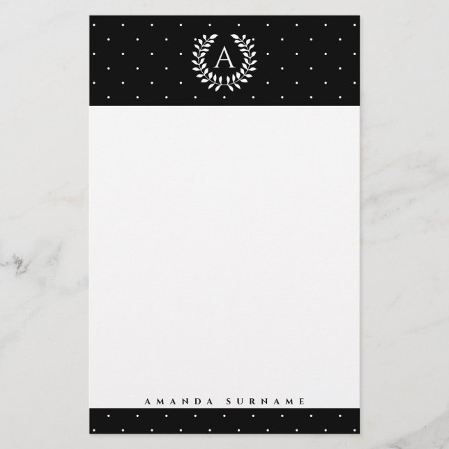 Papelaria White On Black Laurel Monogram Polka Dot Pattern (Frente)