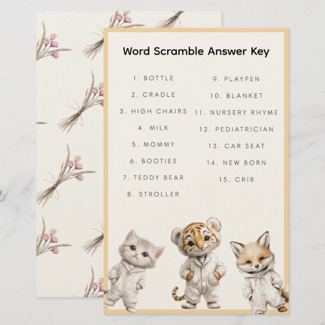 Papelaria Word Scramble Answer Key Whimsical Pajama Animals (Frente/Verso)