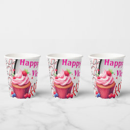 Paper Cup Pink White Stripe Birthday Baseball