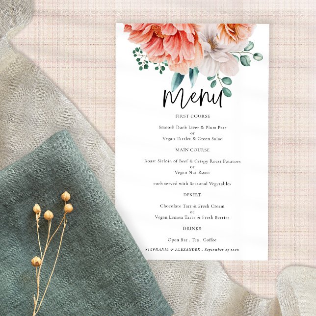 PAPER Peach Peonies Elegant Script Wedding Menu (Criador carregado)