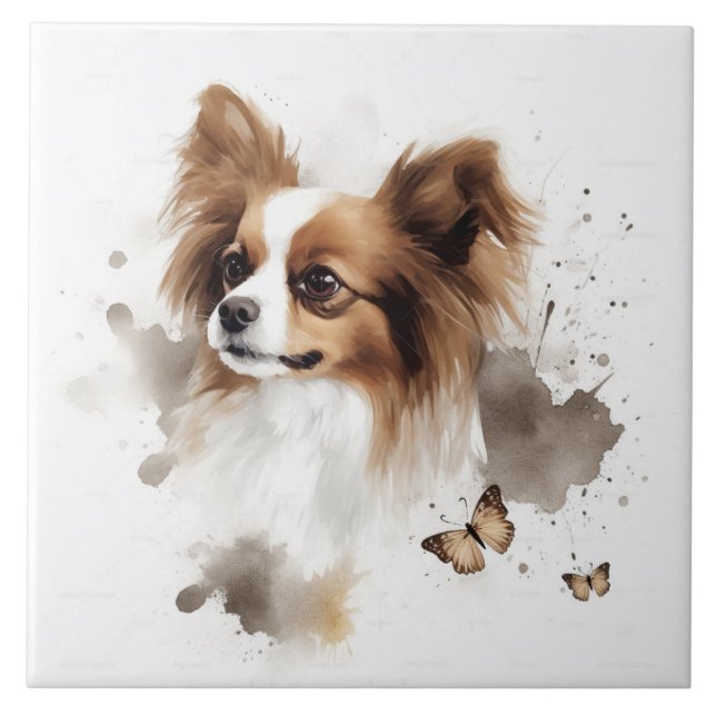 Papillon Dog Watercolor com borboletas (Frente)