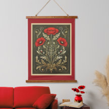 Papoulas Vintage Dourado Vermelho Art Nouveau