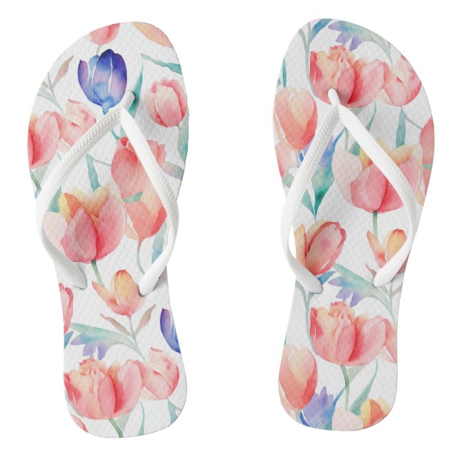 Par Chinelos com Padrão de Tulipas em Aquarela (Pé da cama)