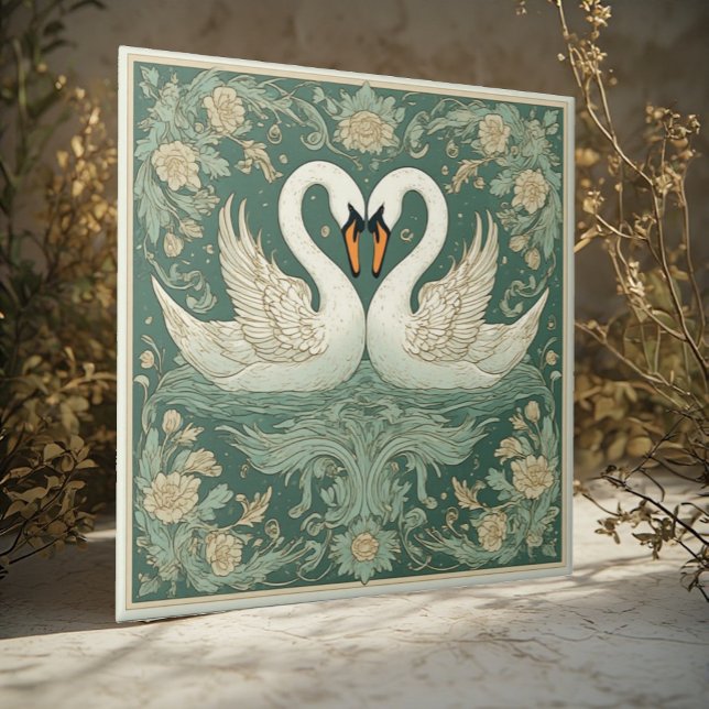 Par de Cisnes Arte Nova Acento Decorativo de Pared (Swan Couple Art Nouveau Decorative Wall Accent Ceramic Tile)