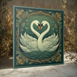 Par de Cisnes Arte Nova Floresta Verde Acento de P