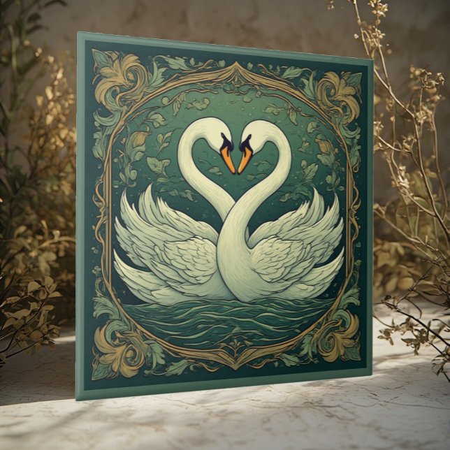 Par de Cisnes Arte Nova Floresta Verde Acento de P (Swan Couple Art Nouveau Forest Green Wall Accent Ceramic Tile)