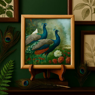 Par de Pavões Azul Turquesa Elegantes em Azulejo C
