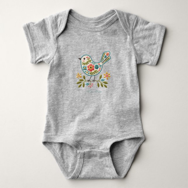 Para Bebê Body Bodysuit Floral Folhas Verdes Pequeno Pássaro (Frente)