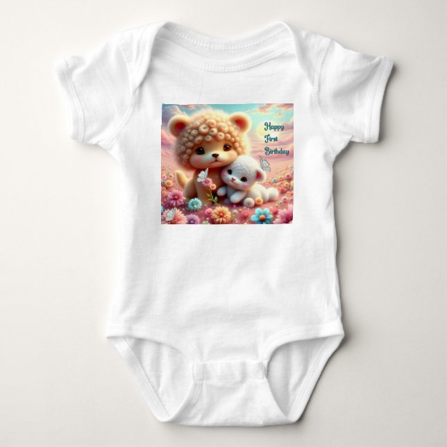 Para Bebê Body de Primeiro Aniversário Urso de Pelúcia (Frente)