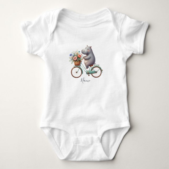 Para Bebê Body Infantil de Hipopótamo de Bicicleta Floral (Frente)