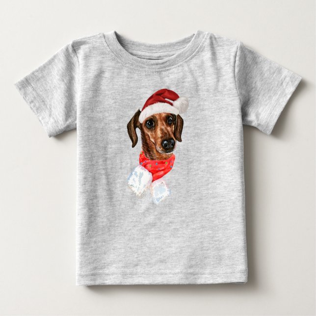 Para Bebê Cachorro Dachshund com camiseta Natal Santa Hat (Frente)