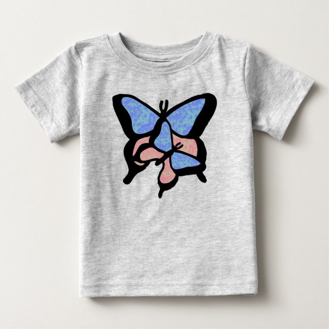 Para Bebê Camiseta Bebé/Toddlers Borboletas Azuis e Rosa (Frente)