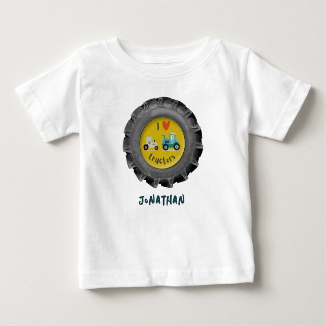 Para Bebê Camiseta com pneu de trator fofo eu amo tratores n (Frente)