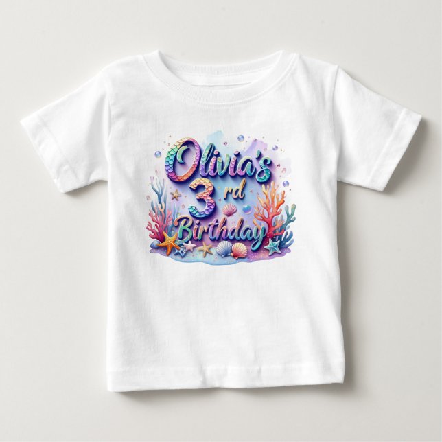 Para Bebê Camiseta de aniversário da Sereia - Nome e idade p (Frente)