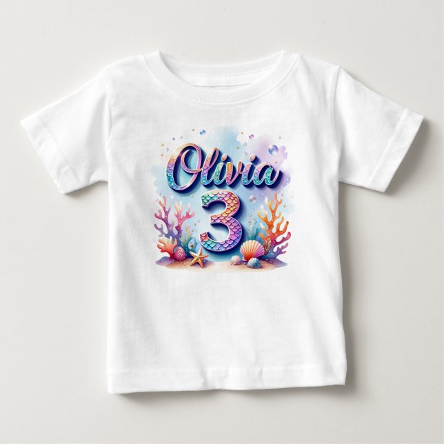 Para Bebê Camiseta de aniversário da Sereia - Nome e idade p (Frente)