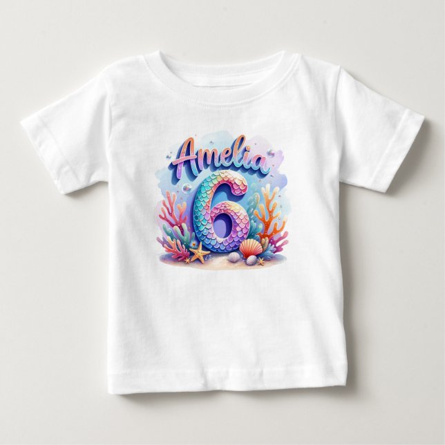 Para Bebê Camiseta de Aniversário de Sereia – Nome e Idade P (Frente)