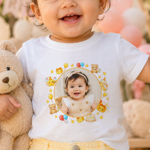 Para Bebê Camiseta de aniversário tema amarelo com foto pers
