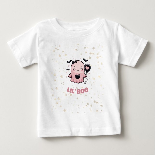 Para Bebê Camiseta de Fantasma Rosa Fofo Com Balão LIL' BOO (Frente)