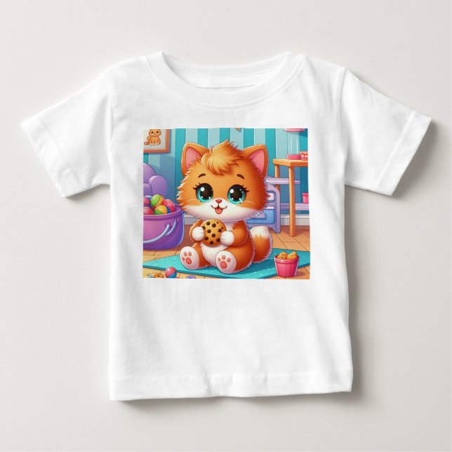 Para Bebê Camiseta de Gatinho Brincalhão Com Um Biscoito (Frente)