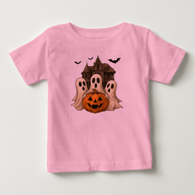 Para Bebê Camiseta de Halloween de Fantasma Fofo com Abóbora (Frente)