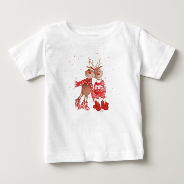 Para Bebê Camiseta de Natal de Rena Fofa – 3D Aconchegante (Frente)