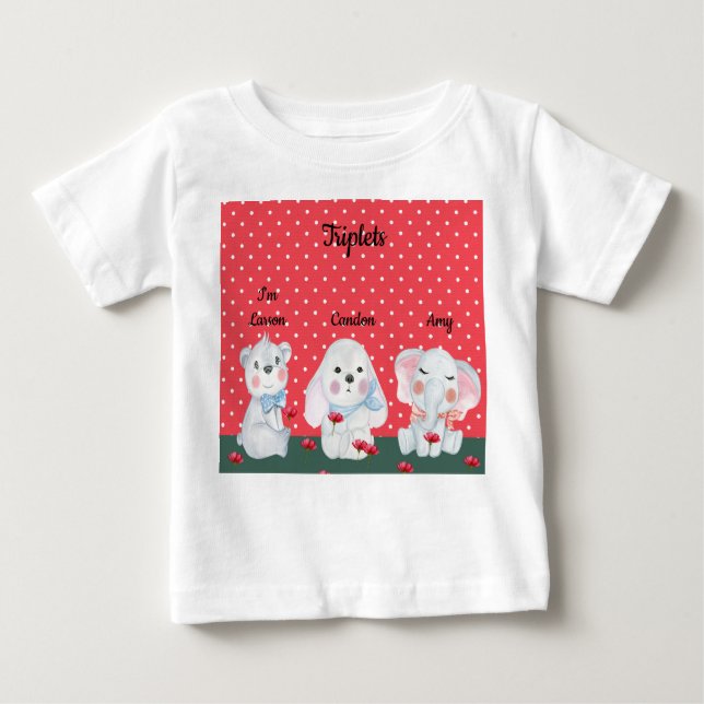 Para Bebê Camiseta de triplos em vermelho com animais (Frente)