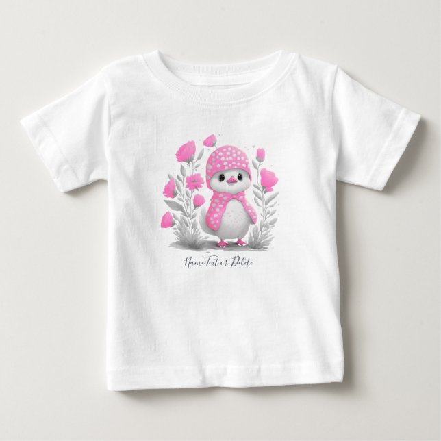 Para Bebê Camiseta Floral, Cor-de-Água, Pato Rosa, (Frente)
