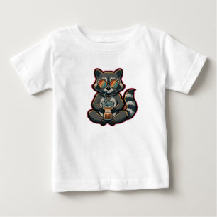 Para Bebê Camiseta Guaxinim Legal Bebendo Café Com Leite de