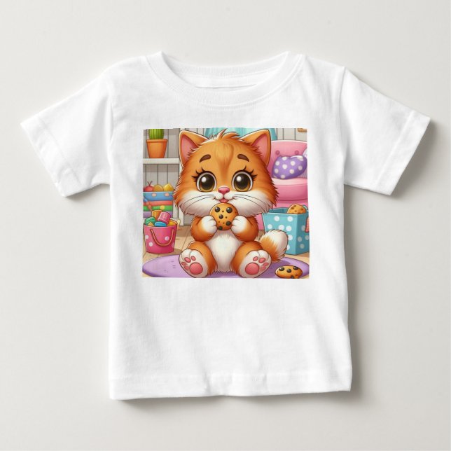 Para Bebê Camiseta Infantil de Gatinho Ginger Feliz com Bisc (Frente)