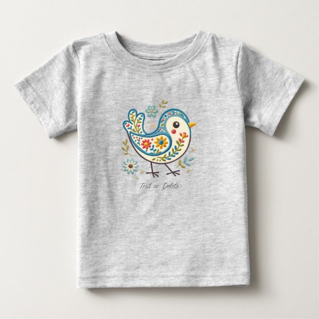 Para Bebê Camiseta Infantil Flor de Pássaro Azul (Frente)
