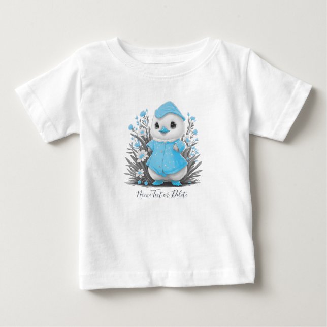 Para Bebê Camiseta Infantil Pato Aguarela Flores Azuis (Frente)